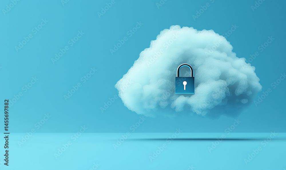 Poster cloud security concept with padlock symbolizing data protection and privacy.