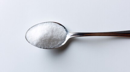 Close view of a silver spoon filled with fine granulated sugar, resting on a smooth white surface, illuminated by gentle lighting, ideal for various uses