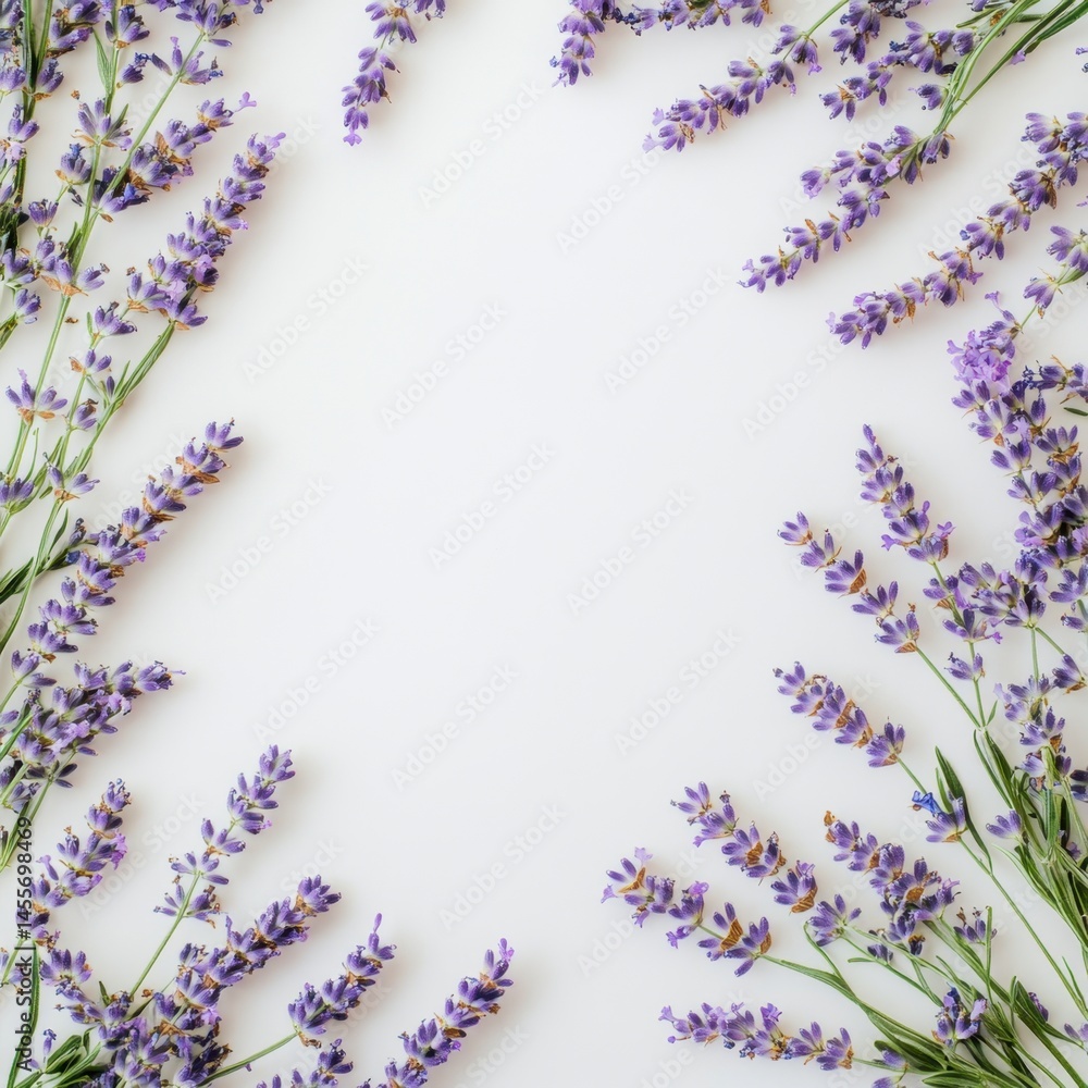 Poster lavender flower frame on white background for text or image placement in design space