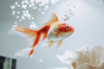 Fototapeta premium goldfish soaring through air toward big aquarium, transition concept, light background