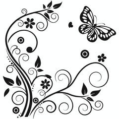 Intricate Black and White Floral and Butterfly Illustration with Flowing Vines