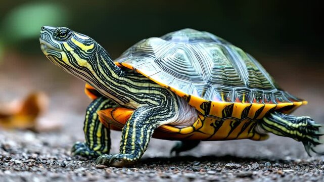 Colorful turtle reptile animal with intricate shell pattern, vibrant yellow and green stripes, close up gravel nature, detailed and calm expression, natural outdoor setting, peaceful and curious mood