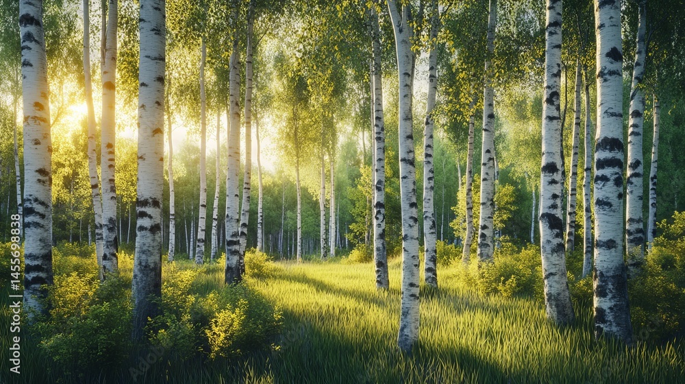 Poster sunlight filters through birch trees in a serene forest during early morning hours, creating a tranq