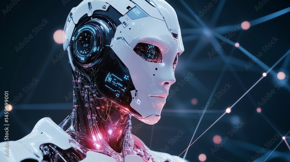 Poster futuristic humanoid robot with glowing features stands against a network of digital connections in a