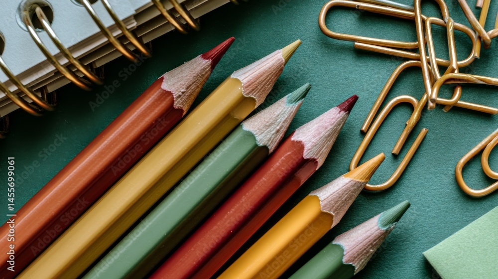 Poster Overhead view highlights sharpened colored pencils next to an open notebook and scattered paper clips on a teal surface, ideal for creative planning