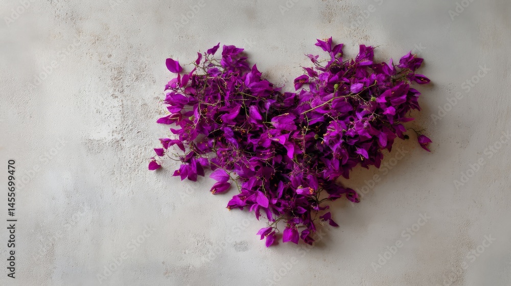 Fototapete Delicate violet flowers form a heart shape on a white table, showcased under soft lighting, creating an engaging visual with ample copy space for text