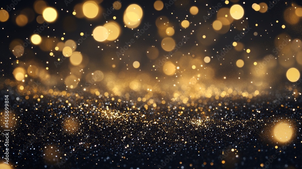 Poster golden sparkling particles illuminate a dark background creating a mesmerizing festive atmosphere pe