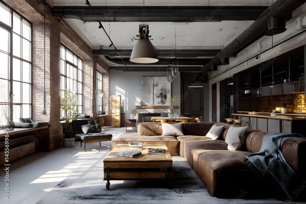 Poster an open floor plan with exposed brick walls and large windows creating a sense of lightness and indu