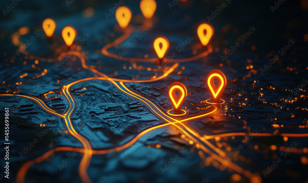 Poster illuminated map with location pins and pathways in urban environment.