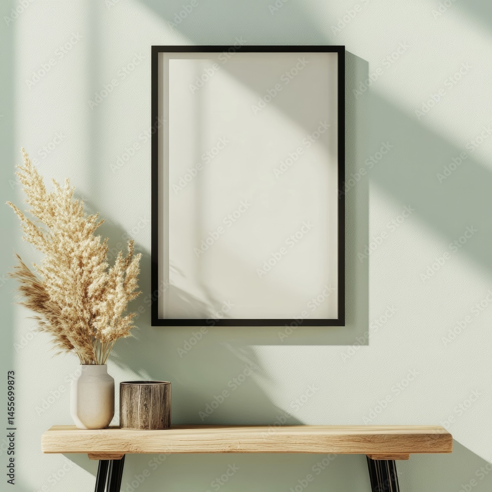 Aufkleber decorative wall with empty frame and decorative elements in a modern interior setting during daytime