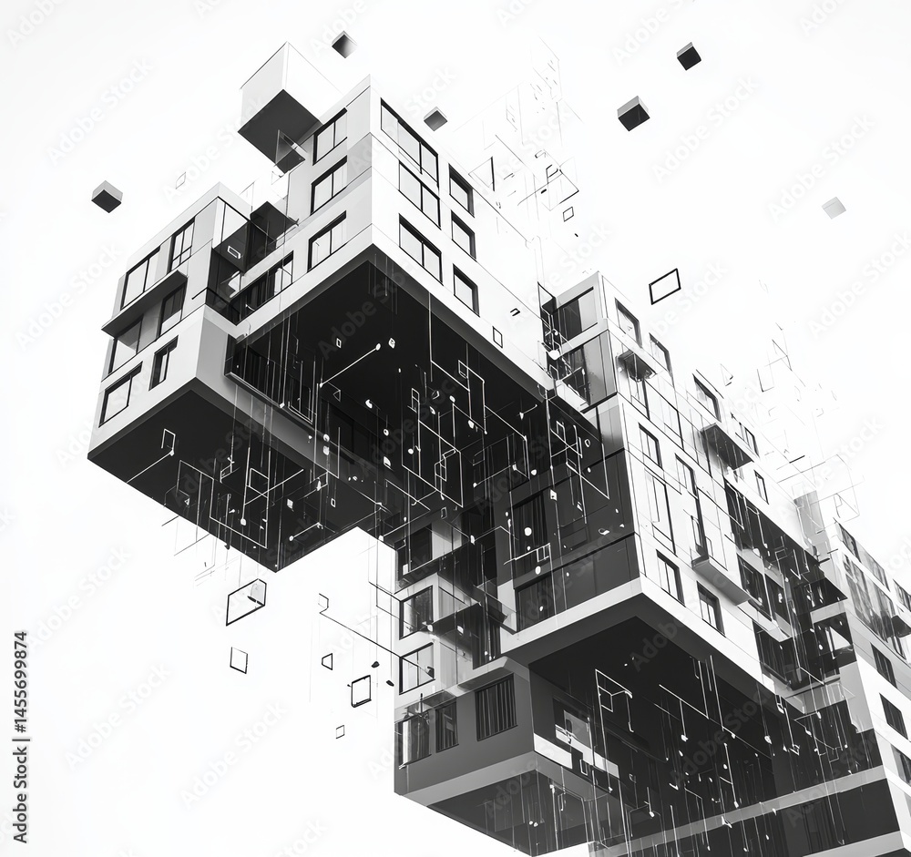Poster modern architectural design showcases a futuristic building composed of geometric shapes and floatin