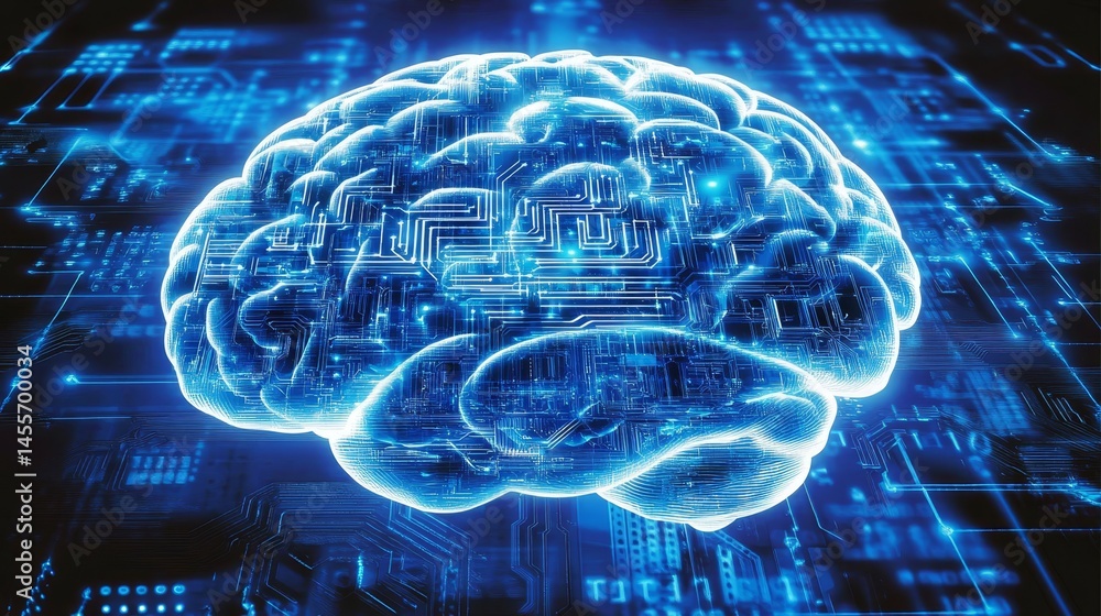 Poster representation of a digital brain illuminated in blue, depicting advanced technology and neural netw
