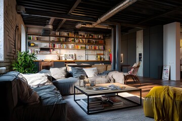 Fototapeta premium An Aesthetic Interior Design Concept Style Depicting a Cozy Living Room with Bookshelves and Comfortable Furnishings in a Modern Home