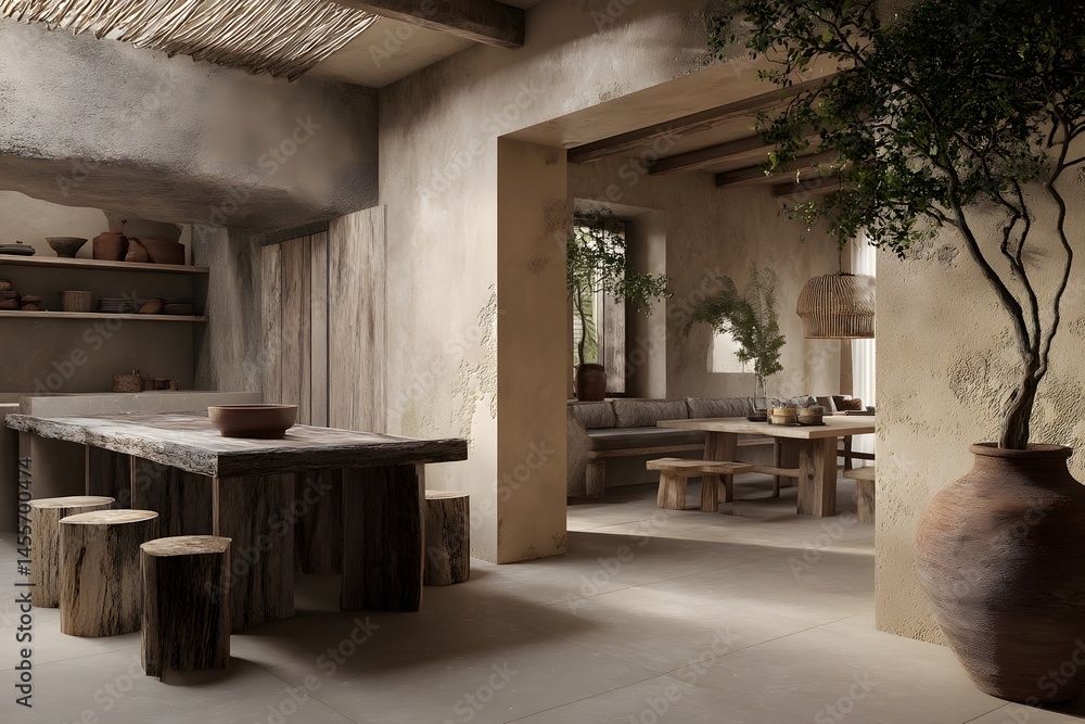 Poster harmonious blend of nature and architecture exploring earthy tones rustic textures and thoughtful in