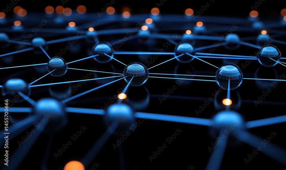 Poster 3d network visualization with blue and orange nodes and connecting lines.