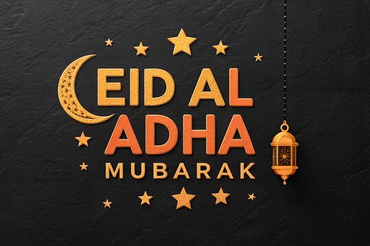 A stylized Eid Al Adha Mubarak graphic on a dark slate-textured background, featuring 3D-rendered, gold-orange text with orange accents, a crescent moon with a textured gold pattern, stars in a simila