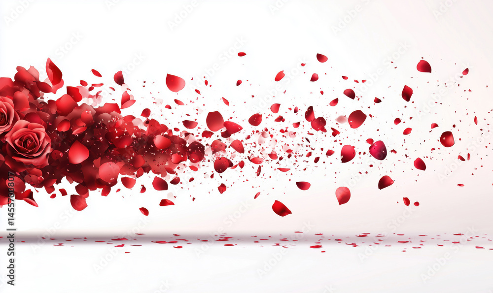 Poster red rose petals exploding in a beautiful abstract pattern on white background.