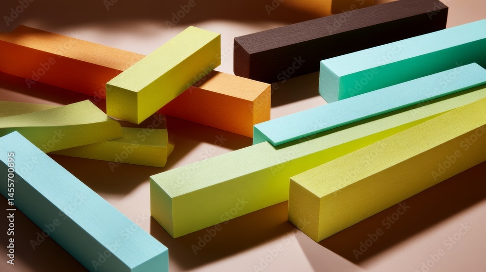 Poster Colorful blocks of various shapes are creatively scattered, forming a dynamic and playful composition with ample visible space for text or branding