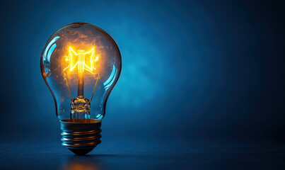 Glowing vintage light bulb with warm filament against blue background.