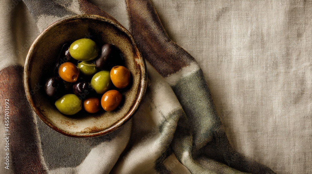 Aufkleber overhead view features a rustic ceramic bowl loaded with a colorful assortment of green and black ol