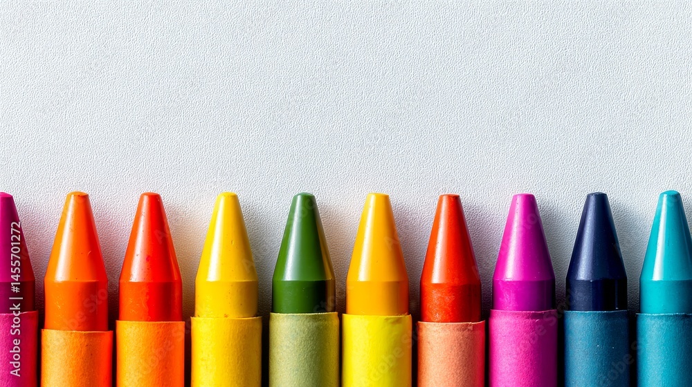 Poster a straight row of colorful wax crayons sits perfectly aligned on a bright white surface, allowing fo