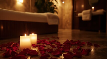 Romantic interior scene with candles and rose petals