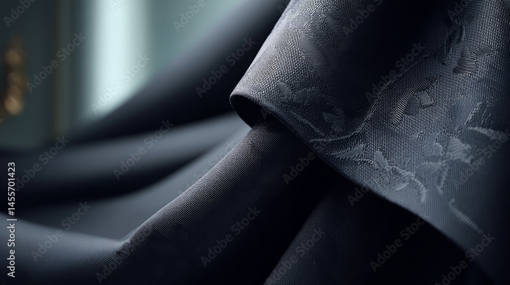 Poster overhead view features a sophisticated black and white floral damask design in a seamless repeat, pr