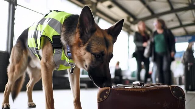 A trained dog in a reflective vest sniffs a piece of luggage at a bustling train station. Passengers move about, unaware of the important work being done by the canine.