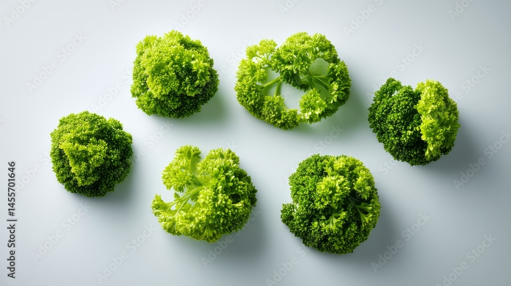 Poster Fresh parsley leaves are meticulously arranged in a symmetrical circular design on a clean, neutral backdrop, creating an appealing visual presentation