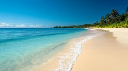Fototapeta premium Crystal Clear Water Gently Washes Onto a Sandy Beach Bordered by Palm Trees Under a Bright Sun on a Tranquil Tropical Island