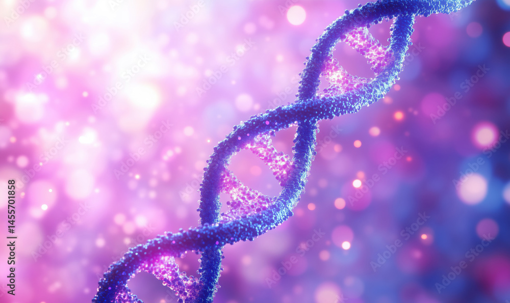 Poster colorful dna double helix structure with vibrant bokeh background for scientific themes.