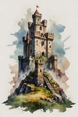 Medieval castle ruins on a hilltop in watercolor style