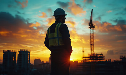 Construction worker silhouette at sunset with cranes and city skyline in background.