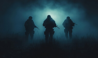 Silhouetted soldiers in foggy night scene with tactical gear and weapons.