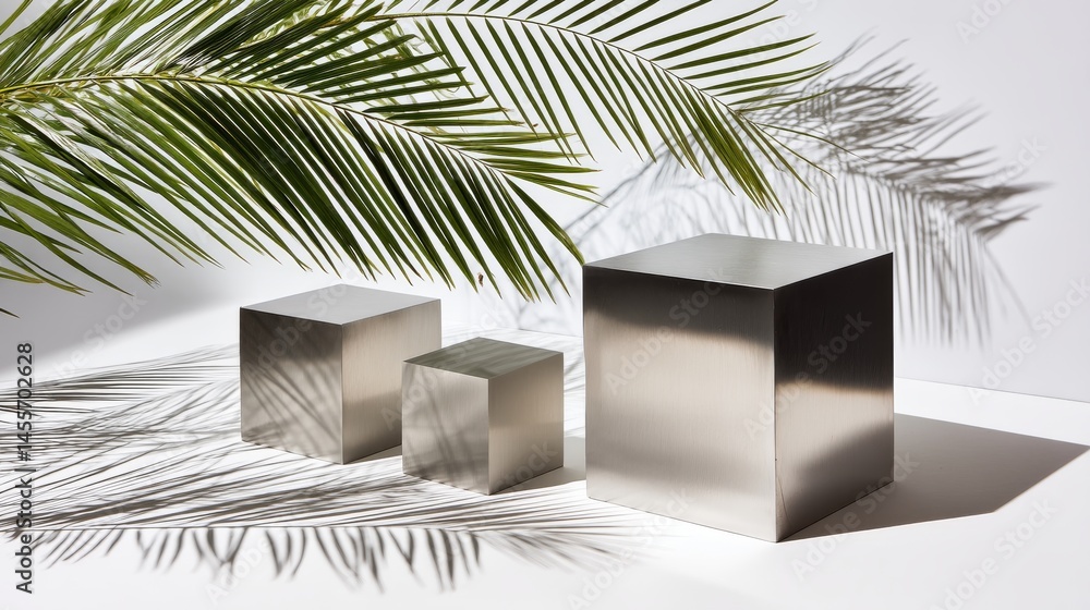 Aufkleber three polished metal cubes are arranged on a white surface, casting delicate palm leaf shadows that 