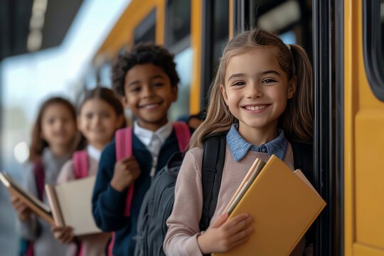 A cheerful group of children, smiling and holding books, waiting by a school bus. Their backpacks and bright clothes reflect excitement for a new day of learning and friendship.
