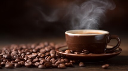 Fototapeta premium Steaming espresso cup with coffee beans, warm brown tones - the essence of rich coffee moments 