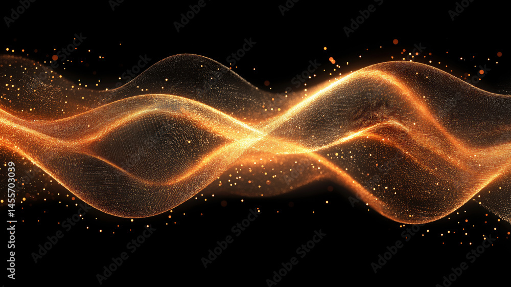 Poster golden wave abstract background with shimmering particles and flowing lines.