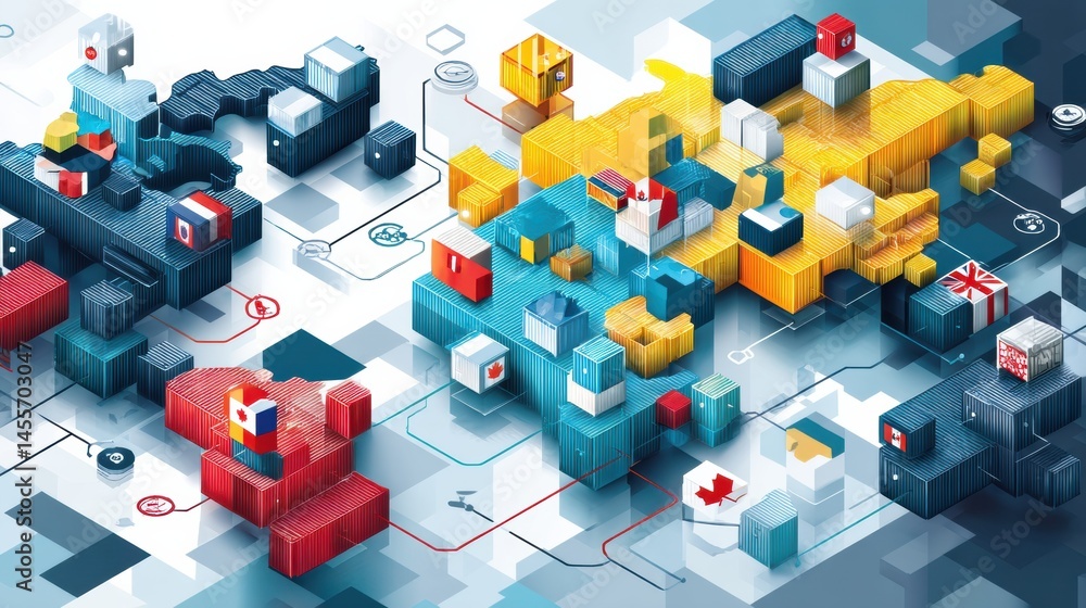 Poster isometric illustration of a global map depicting halted shipping containers highlighting supply chai