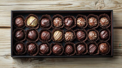 Obraz premium Chocolate almond truffle delight Delicious assorted chocolates in a decorative box on wooden surface.