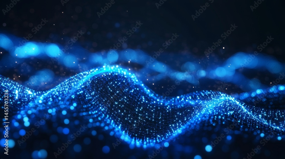 Poster innovative visualization of abstract blue wave patterns with glowing particles against a dark backdr