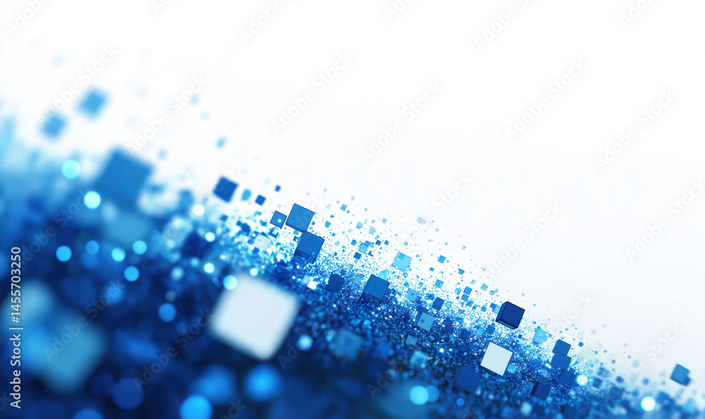 Poster abstract blue digital background with sparkling squares and bokeh effects.