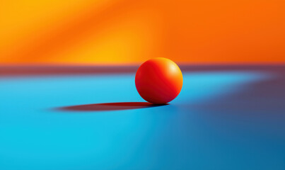 Vibrant orange and blue background with a single red sphere casting a shadow.