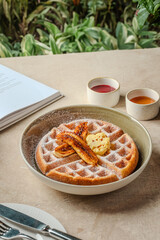 Golden Waffles Caramelized Bananas Butter and Powdered Sugar