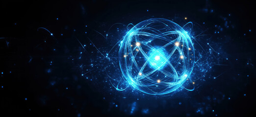 Futuristic glowing atom model with blue energy particles and cosmic background.
