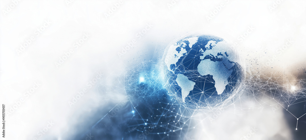 Poster global network connectivity with digital globe and abstract technology background.