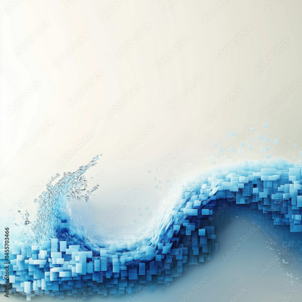 Poster abstract digital wave design with blue pixelated elements and water splash effect.