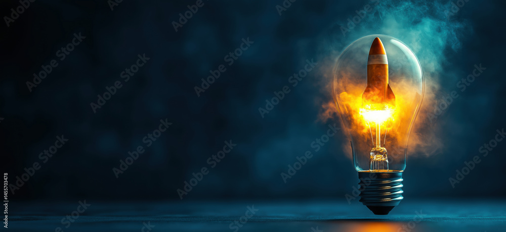 Poster rocket inside light bulb symbolizing innovation and creativity in technology.
