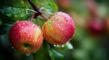 Obraz premium Fresh red apples with water droplets, vibrant against green foliage. Nature's crisp bounty in morning light. 