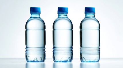 Three clear plastic water bottles are neatly aligned on a white surface, showcasing soft reflections and an empty space for text or branding on the left